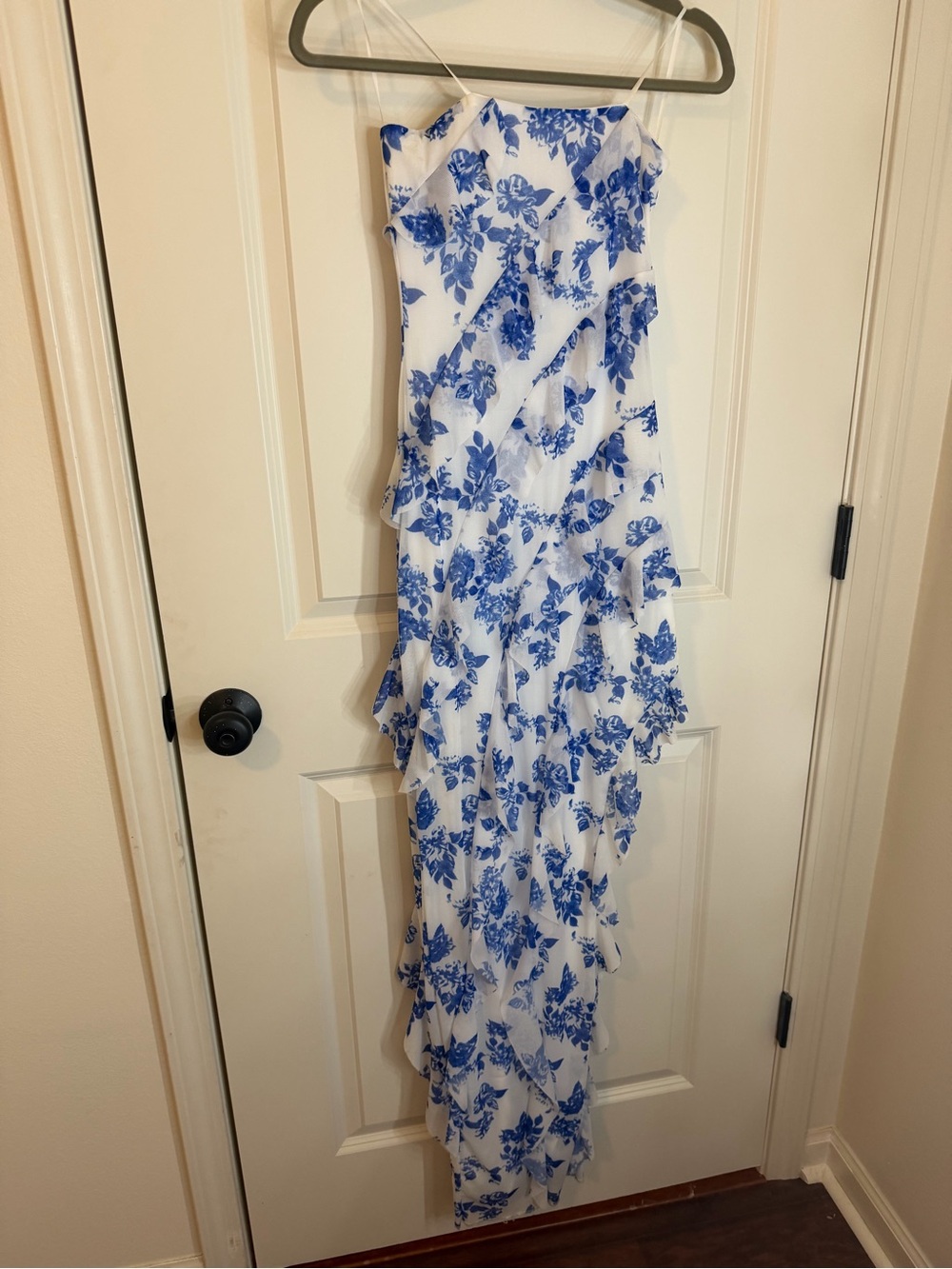 White & Blue Floral Ruffle Maxi Dress - Women's Summer Dress